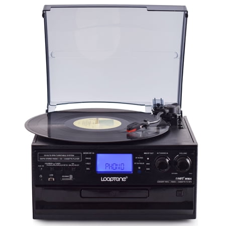 LoopTone 3 Speed Record Player 10 in 1 Bluetooth in/Out Vinyl Vintage Turntable CD Player Cassette AM/FM Radio 2 Built in Speaker USB/SD Recorder Aux-in RCA Line-Out