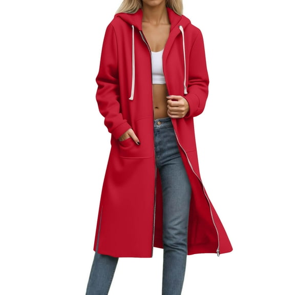 SwiftWear Women's Fashion Long Hooded Sweatshirt with Side Slits - Classic Solid Color Zip-Up Hoodie, Drawstring Front Pockets Loose Fit Casual Wear Jackets Red