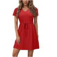 thumbnail image 1 of Dvprdro Robe d'Été Décontractée Unie à Manches Courtes pour Femme, Mode Élégante, Col en V, à Nouer, Robe Courte de Plage et Soleil, 1 of 5