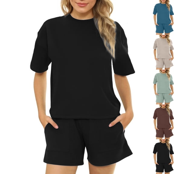 Admvng Lounge Sets For Women Loose Casual Two-piece Suit Short Sleeve And Shorts With Pocket Set S-2XL