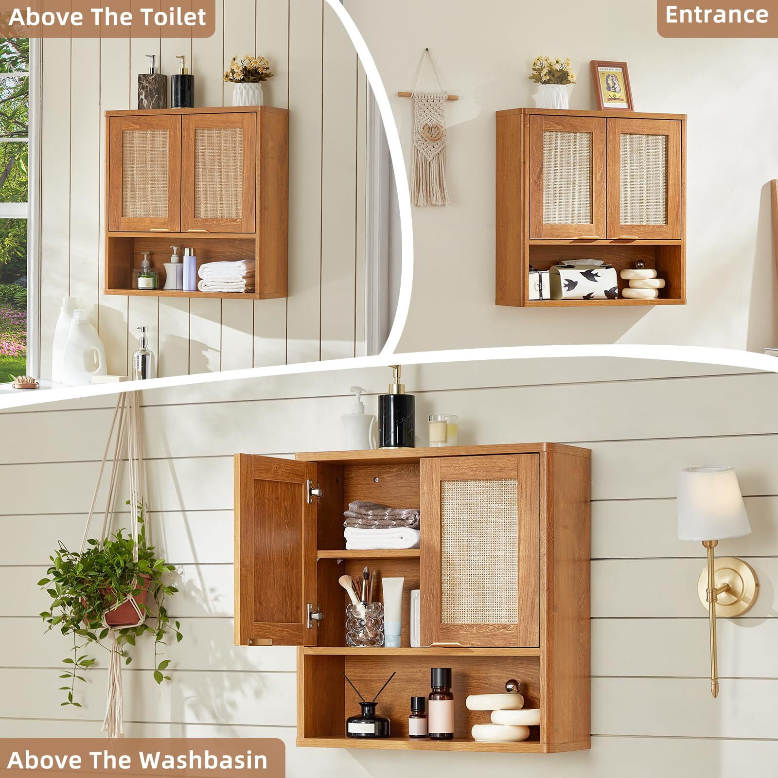 LELELINKY Rattan Wood Bathroom Wall Cabinet with Adjustable Shelf, Boho Medicine Cabinet for over Toilet Storage, Laundry Room, TeaC