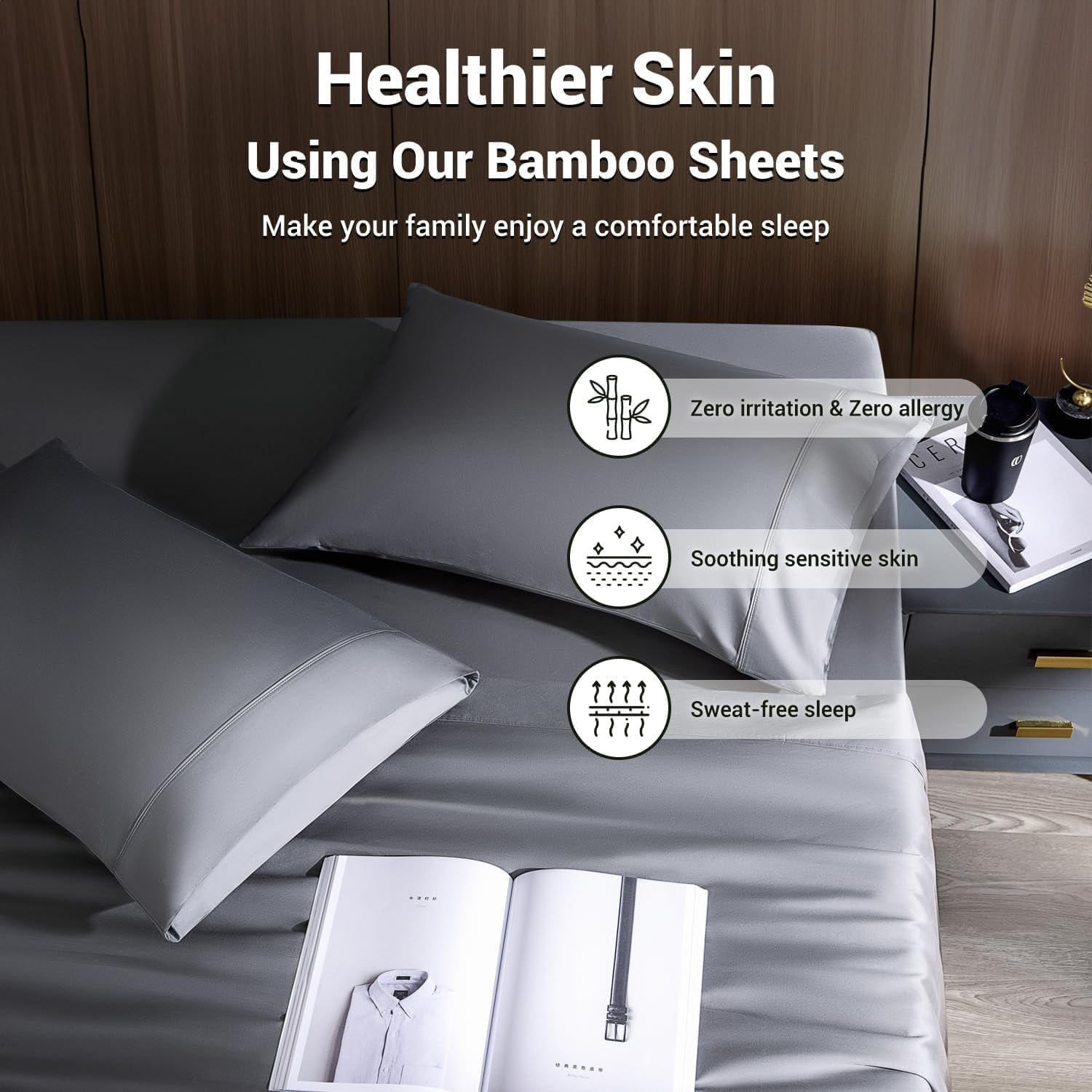 Queen Sheet Sets, Blend Rayon Derived from Bamboo, Breathable & Cooling Bed Sheets 4 Piece, Deep Pocket Up to 16", Hotel Silky Bedding for Hot Sleepers, Dark Grey