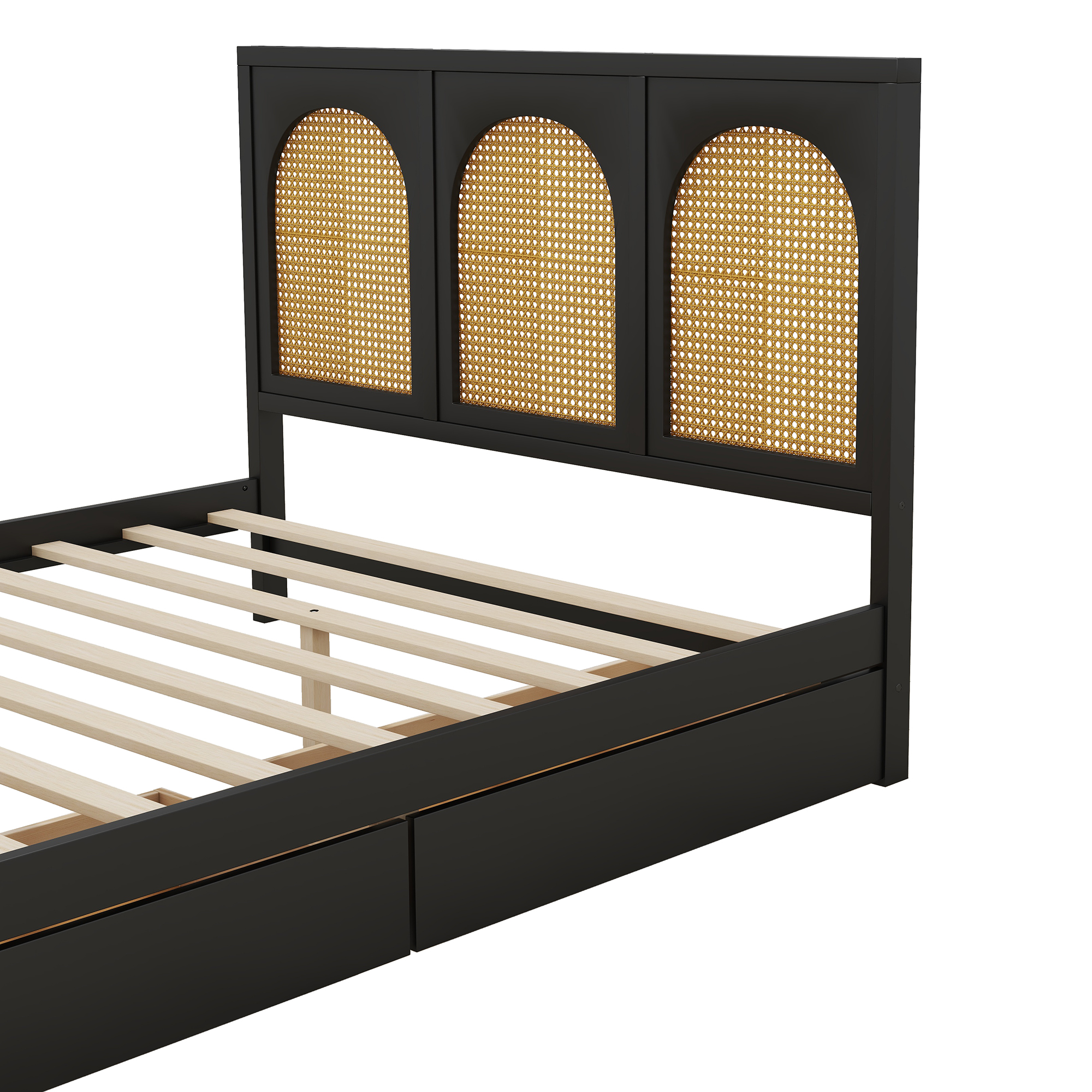 Euroco Full Size Platform Bed with 2 Drawers, Rattan and Wood Frame for Kids Teens, Black