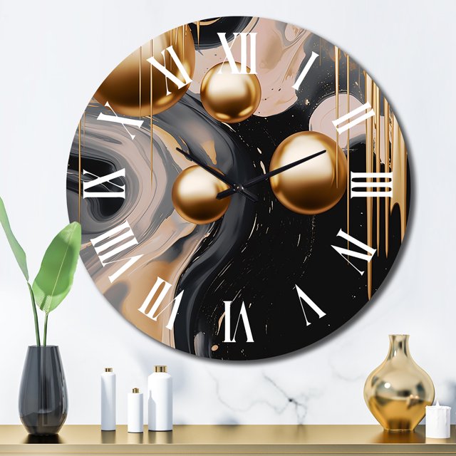 Designart "Mystic Gold & Noir Fusion I" Abstract Shapes Oversized Wall Clock
