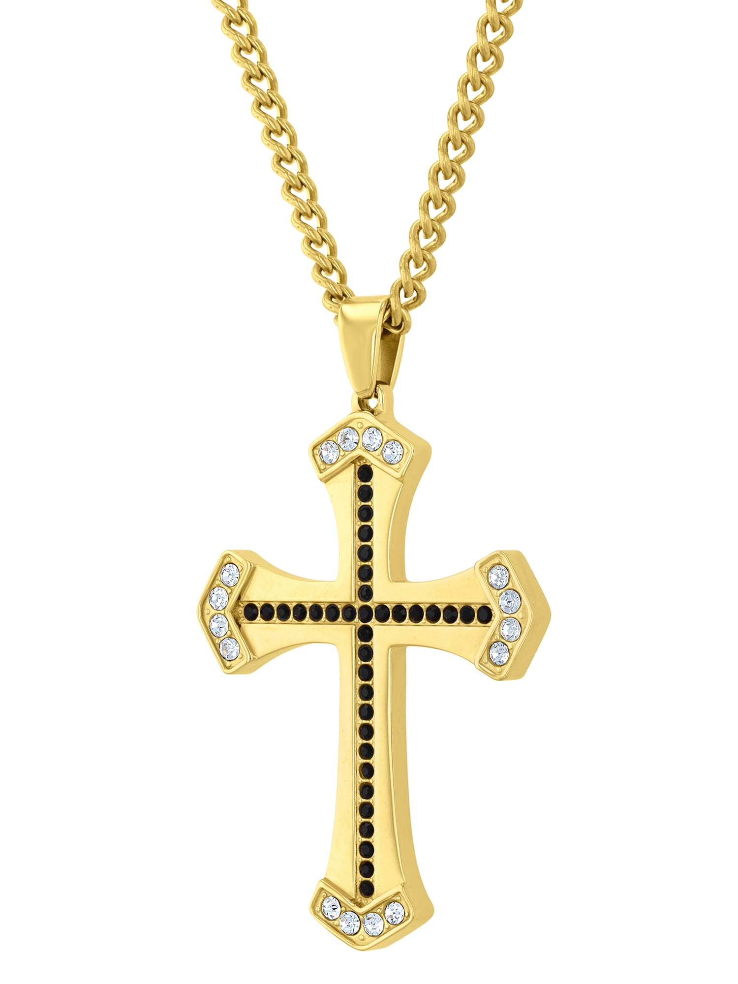 Men's Stainless Steel Yellow-tone Cross Pendant with Black and White Crystals- Believe by Brilliance