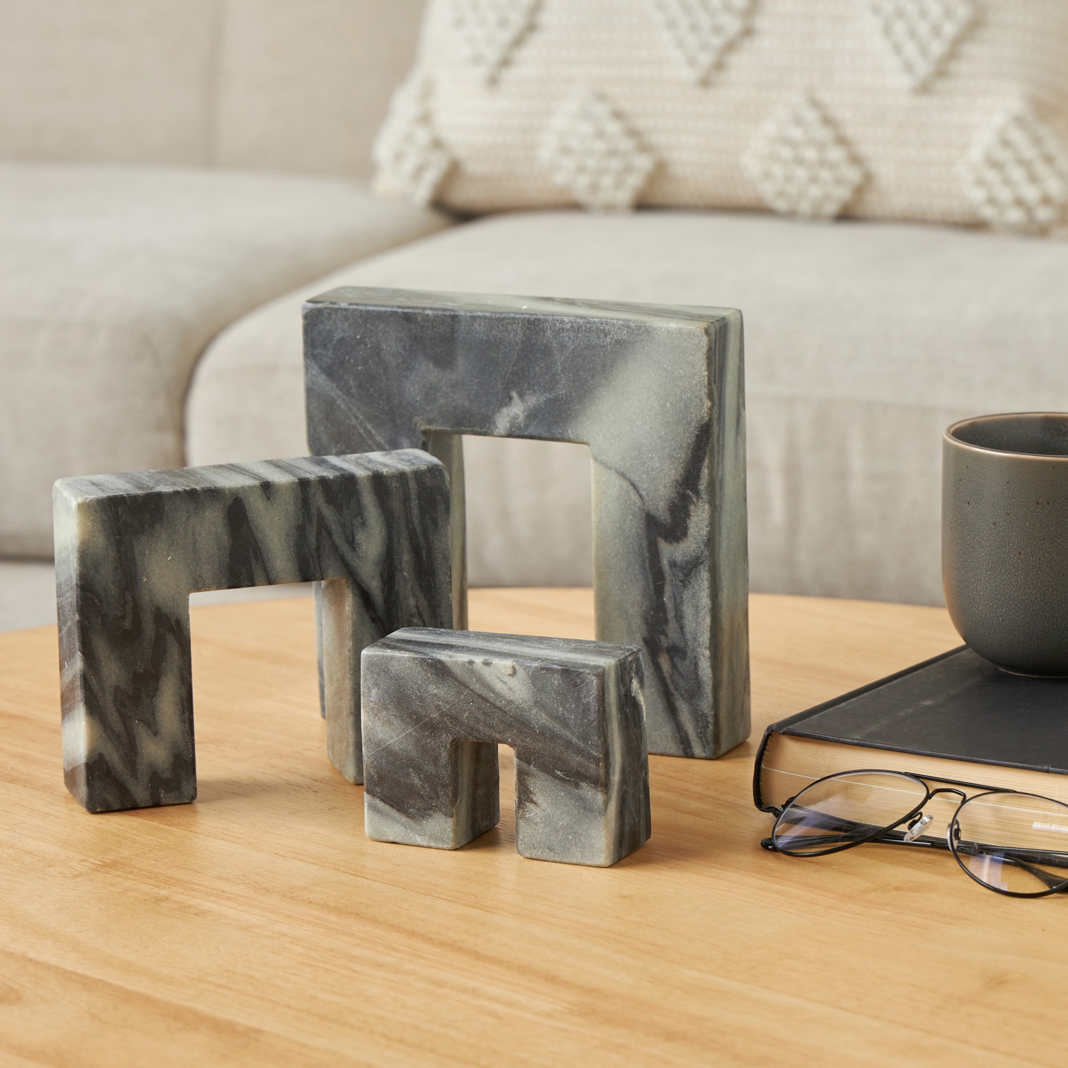 7", 5", 3"H Black Marble Square Arch Abstract Sculpture with Varying Sizes, by DecMode (3 Count)
