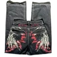 thumbnail image 1 of Womens Polyester Printed Oversized Baggy Wide Leg High Waist Full Length Jeans, 1 of 10