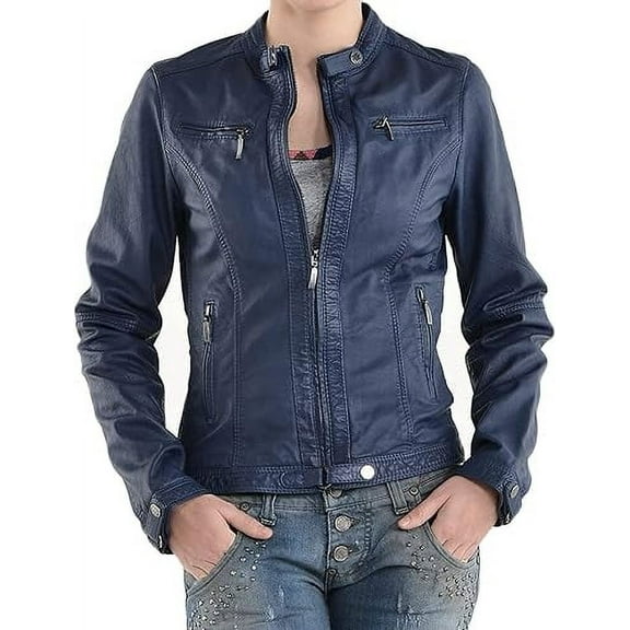 HOT Women's Genuine Blue Lambskin Real Leather Jacket Stylish Biker Coat W616