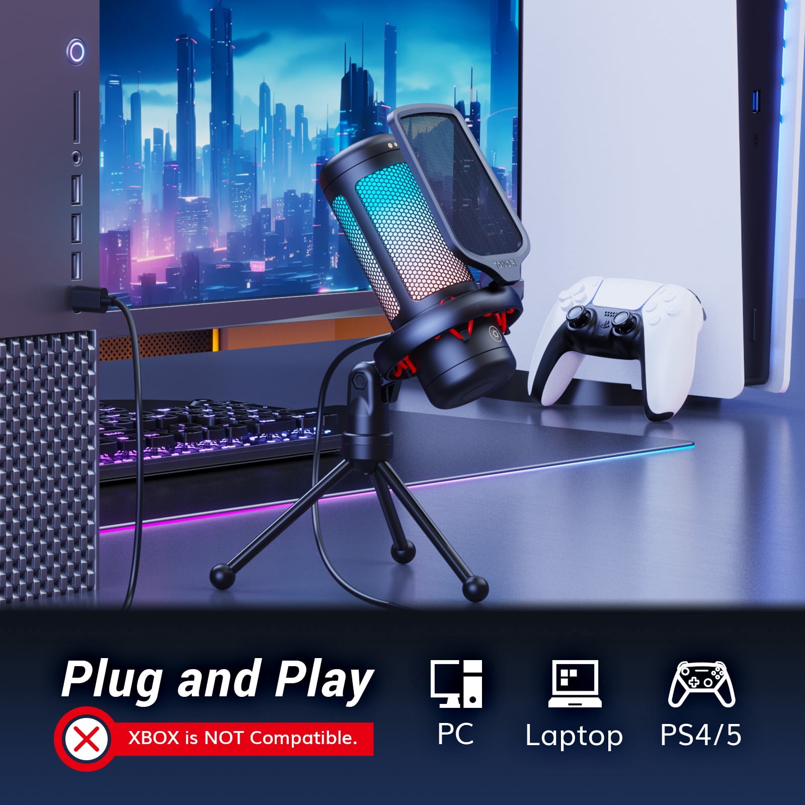 TONOR TC310 Gaming Microphone Type-C Plug, Desktop USB Microphone with RGB, Quick Mute, for Twitch, Streaming, Podcast, Studio Recording, Discord Chatting, 200 cm/78 inch Cable, Black