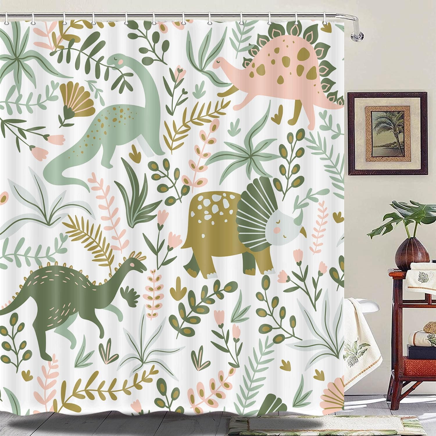 Kids Shower Curtains,Funny Dinosaur Shower Curtains, Cute Dinosaur for Boys Girls, Green Plant Leaf Flowers Colorful Bathroom Decor with Hooks Waterproof Fabric Polyester Bathtub Decorative