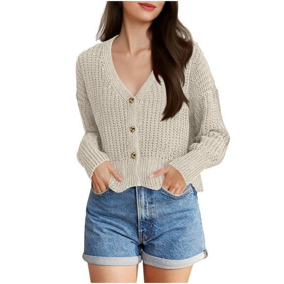Cropped Sweater Cardigans for Women Teen Girls Button Up Knitted Blouse Drop Shoulder V Neck Long Sleeve Outerwear (One Size, White)