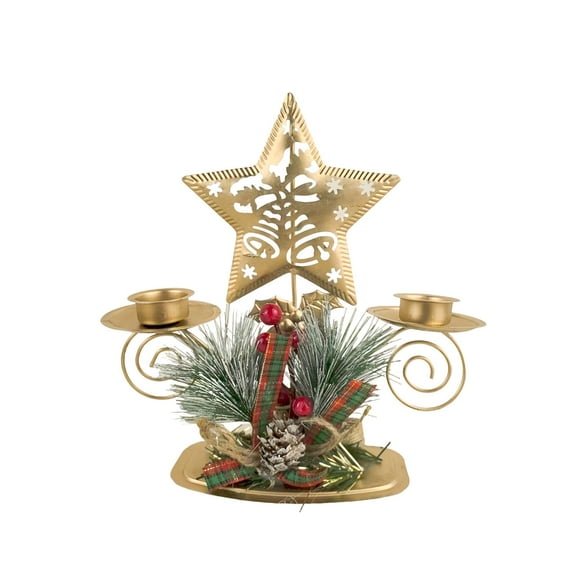 KOYPTL Christmas Double Candlestick Decorations,Golden Iron Candle Holders Reindeer Red Berry Pine Cones Decoration for Taper Table Centerpiece Festive Ornaments