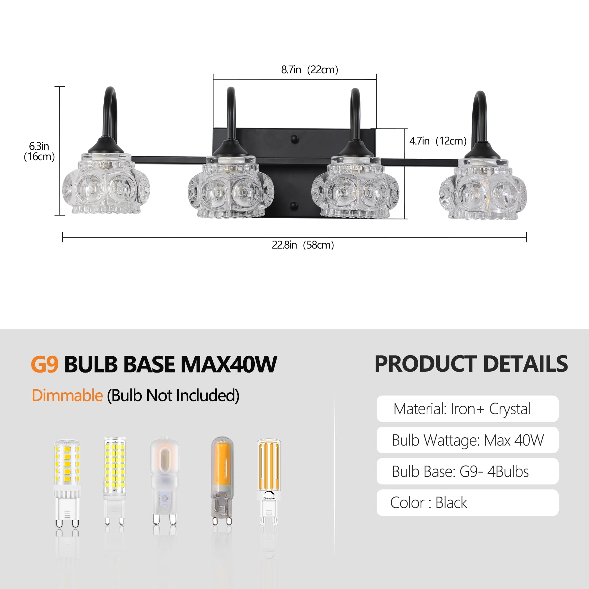 Miniyam Hard-Wired Vanity Light, 4-Light Bathroom Wall Sconce with Crystal Glass Shades, G9 Base, Black