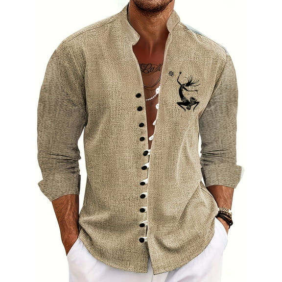 Mens Shirts Long Sleeve Casual Button Down Shirt Stand Collar Shirts Summer Button Down Business Beach Shirts Beige 3XL