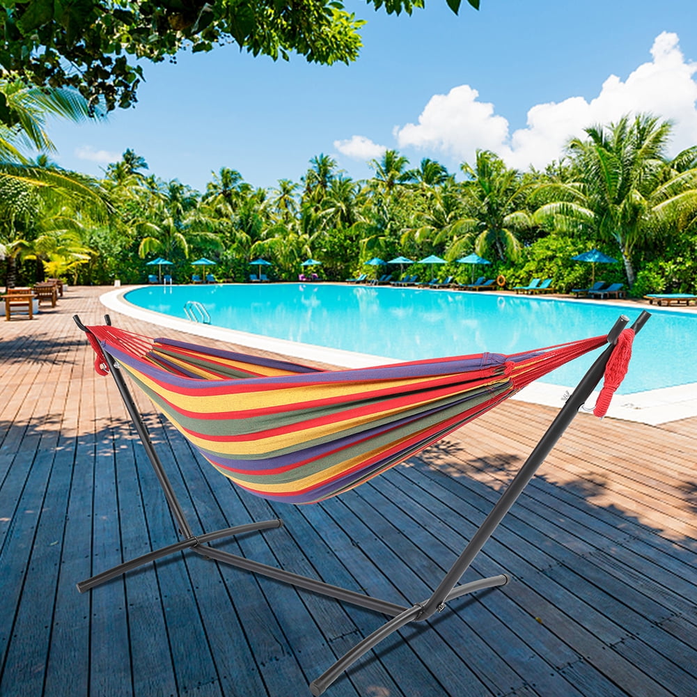 9ft Black Steel Pipe Hammock Frame with 200*150cm Polyester Cotton Hammock Four Red Strip Natural Rope Iron Hammock Set 9ft Black Steel Pipe Hammock Frame with 200*150cm Polyester Cotton Hammock Four Red Strip Natural Rope Iron Hammock Set