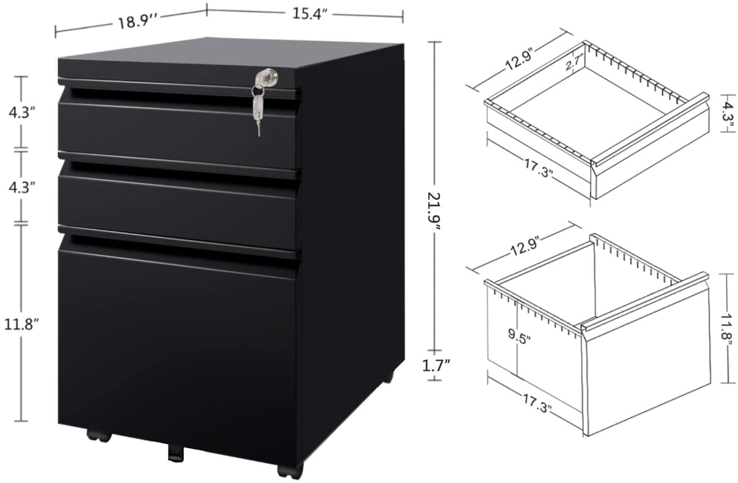 DEVAISE 3 Drawer File Cabinet with Lock Fully Assembled Except Casters Office Pedestal Steel Mobile Filing Cabinet 