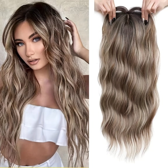suxuMhao Wig, Grey Blonde Brown Highlighted Hair Replacement Piece, 22 IN Water Wave Synthetic Wig, Natural Looking Headband Wig with Secure Clip-In, 1 Piece Top Wigs for Hair Volumizing