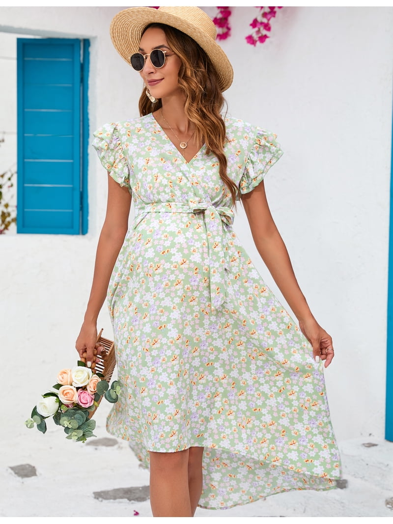 Yesfashion Women's Maternity Smocked Fly Sleeve Summer Dress V Neck Boho Ruffle Casual Swing Midi Dress Baby Shower Photoshoot