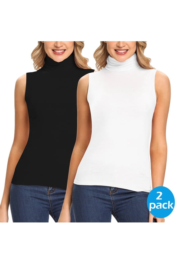 2 Packs Women's Lightweight Fitted Sleeveless Turtleneck Tops