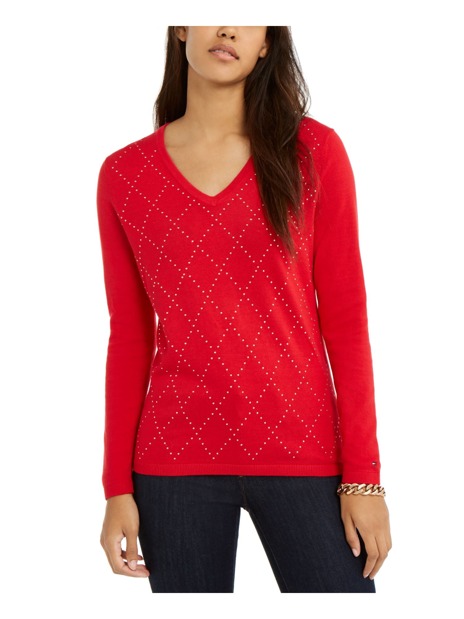 Red Argyle Embellished T-Shirt Top 
