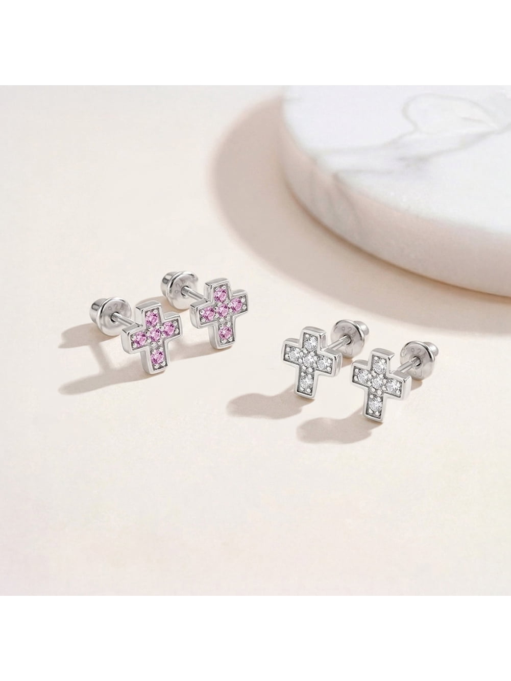 925 Sterling Silver CZ Little Cross Screw Back Earrings Toddlers Young Girls