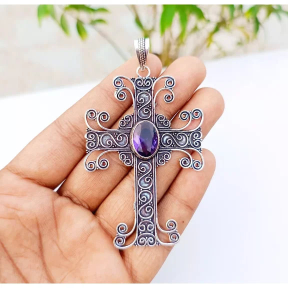 Amethyst Cross Pendant 925 Sterling Silver Polished Handmade Gemstone Jewelry 3.18"