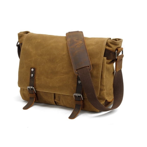 "Vagabond" Men's Rugged Distressed Canvas & Leather Crossbody Messenger Bag - Khaki Tan