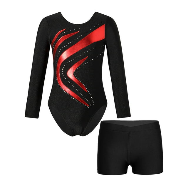 Loodgao Justaucorps de Danse et Gymnastique pour Filles Manches Longues Col Rond avec Short Rouge 10
