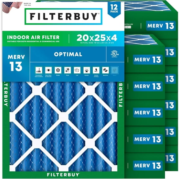 Filterbuy 20x25x4 Air Filter MERV 13 Smoke Defense, Pleated HVAC AC Furnace Filter Replacement, 12-Pack