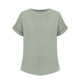 thumbnail image 3 of Yigetop Gauze Shirts for Women, Women's Summer Solid Color Casual Loose Double Wrinkle Solid Color Round Neck Short Sleeved T Shirt Cotton Linen Tops for Women Mint Green 3XL, 3 of 6