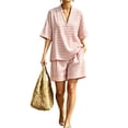 thumbnail image 3 of Cagogo Women Plus Size Striped 2 Piece Set V Neck Short Sleeve Blouse Shorts Casual Loose Boho Vacation Outfits Summer Cruise Travel Matching Lounge Clothes, Pink S, 3 of 6