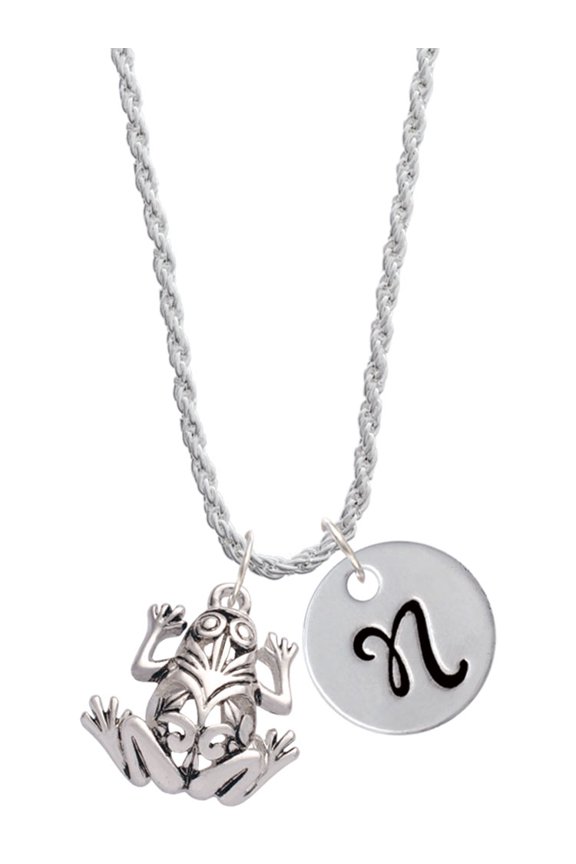 Silvertone Large Filigree Frog Silvertone Script Initial Disc - N - Charm Necklace, 20"+3"