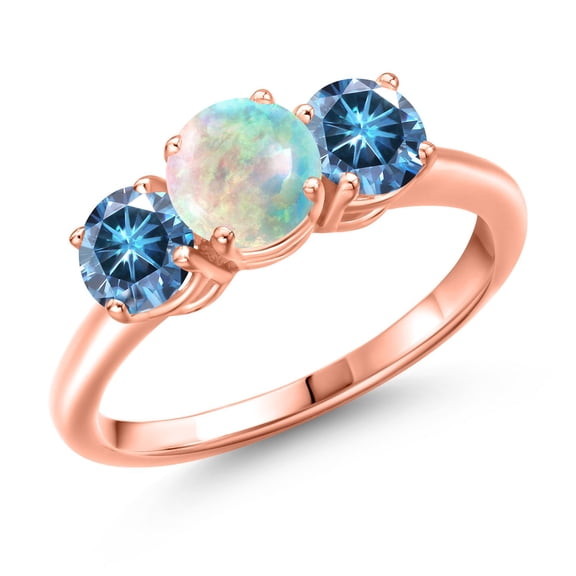 Gem Stone King 18K Rose Gold Plated Silver Simulated White Opal and Persian Blue Moissanite Engagement Ring for Women | 1.30 Cttw | Round Cabochon 6MM | Gemstone October Birthstone | Size 5