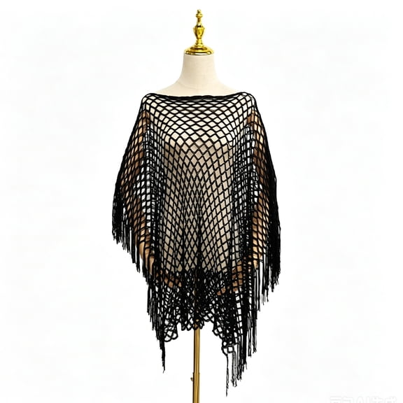 Fringe Mesh Hollow Out Pullover, Boho Crochet Cover Up Shawl Sheer Poncho Top for Women Summer Beach