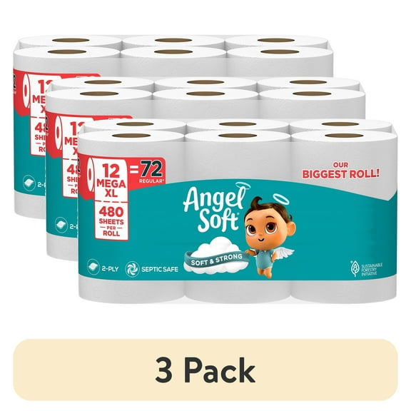 (3 pack) Angel Soft 2-Ply Toilet Paper, 12 Mega XL Rolls, 480 Sheets Per Roll
