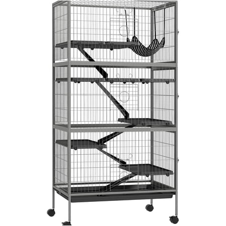 JERFIT 6-Level Small Animal Cage with Wheels, 63" Large Ferret Chinchilla Habitat with Removable Tray, 6 Doors, Hammock, Durable Iron Frame, Gray Pet Enclosure