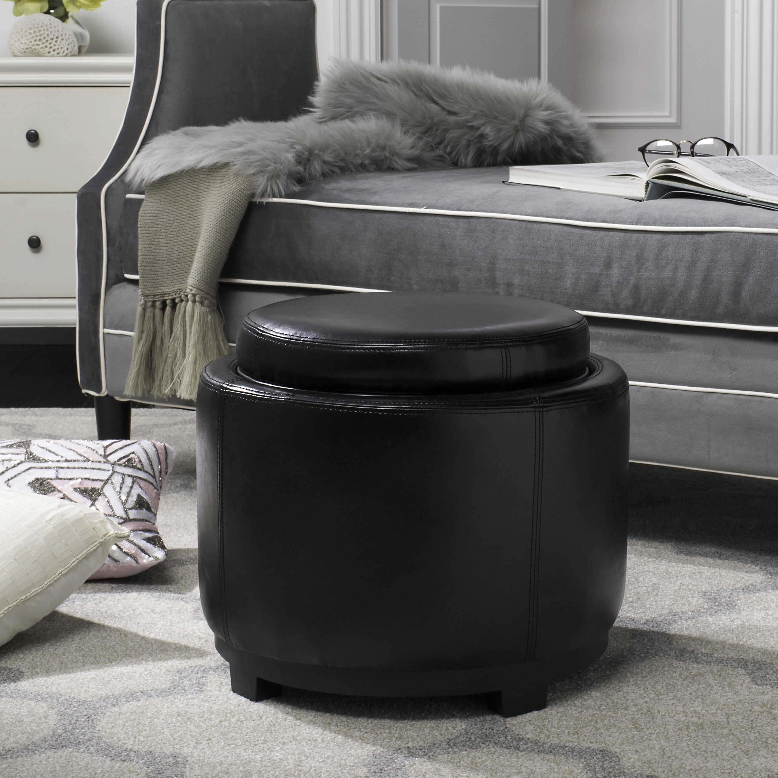 SAFAVIEH Round Modern Glam Storage Tray Ottoman, Black