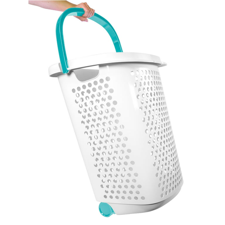 Round Collapsible Laundry Hamper with Handles, Teal & Orange