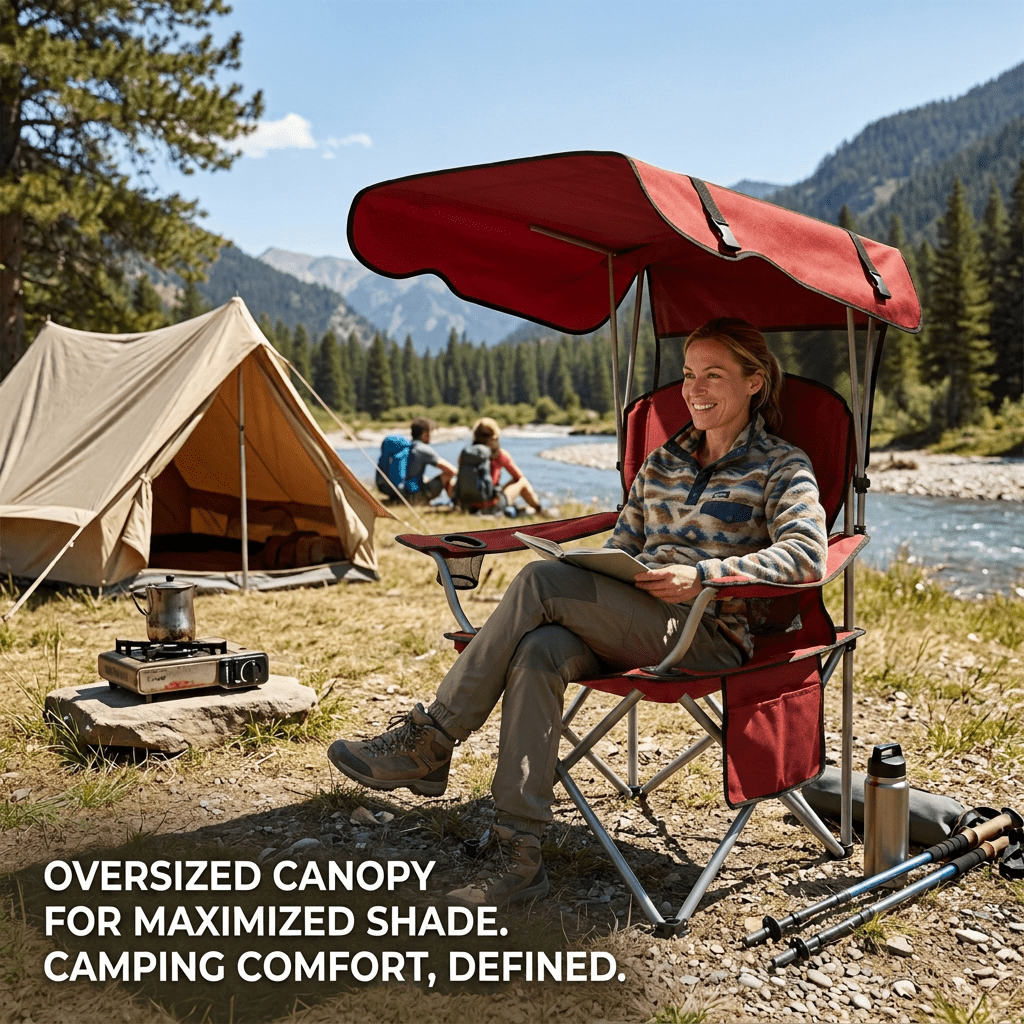 Portable Folding Outdoor Shade Camping Chair, Wide Seat with Breathable Mesh Backrest, Dual Side Cup Holders & Storage Pocket, Equipped with Carry Strap, Foldable Lightweight Lawn Chair for Beach