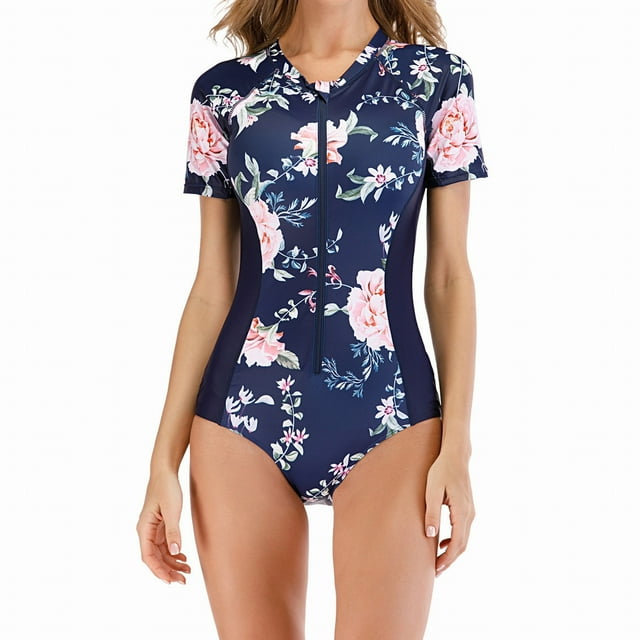 GYUJNB Maillot de Bain une Pièce Sport Rétro pour Femme à Fermeture Éclair devant, Manches Courtes, Imprimé Floral, Short de Surf, Combinaison, Maillot de Bain, Bleu