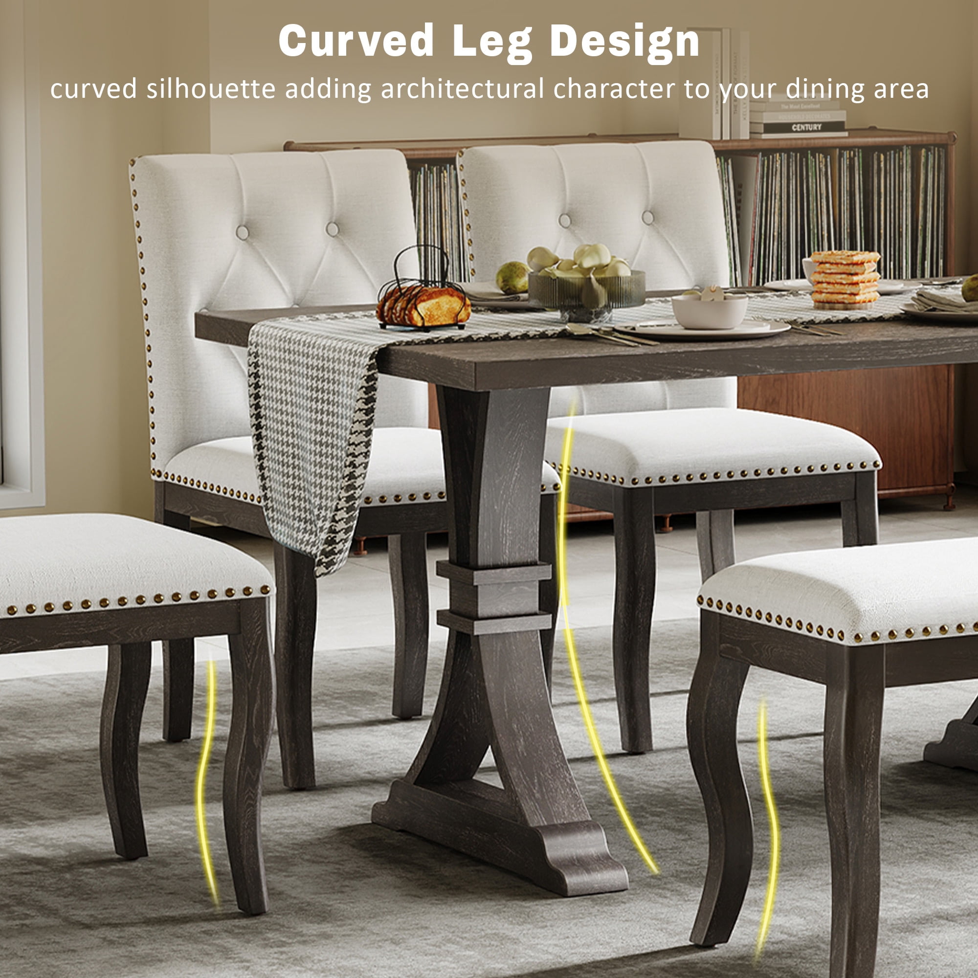 6-Piece Dining Table Set for 6 , 60" Large Rectangular Table with 4 Upholstered Chairs and Bench
