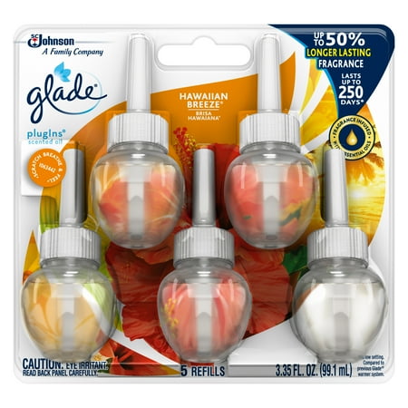 Glade Scented Oil - Glade PlugIns Scented Oil Refill Hawaiian Breeze, Essential Oil Infused Wall Plug In, 3.35 FL OZ, Pack of 5