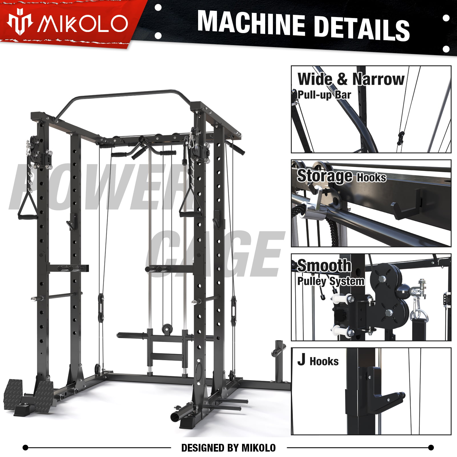 Mikolo Power Rack Cage, 1500LBS Weight Cage with 800LB Capacity Adjustable Weight Bench, Multi-Function Workout Rack Cage with Storage System, J-Hook, Band Peg, Battle Rope Ring Home Gym - 502218577