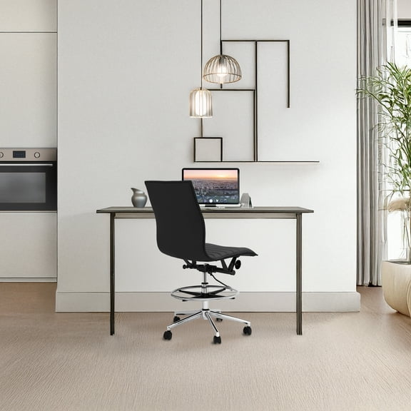 2xhome Modern Drafting Chair | Upholstered PU Leather Ribbed Armless Mid Back with Tall Adjustable Base & Leg Rest | Tilt Lock | Computer, Executive, Conference, Meetings (Black), Set of 1, 1 piece