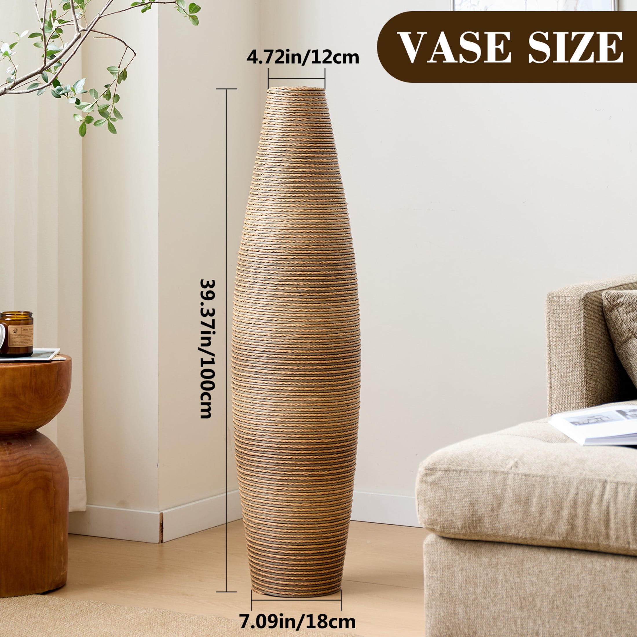 Noble House 39.37" Tall Handcrafted PVC Floor Vase, Rattan-Like Textured Decorative Vase, Beige