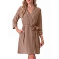 thumbnail image 2 of JWD Womens Waffle Wrap Robe V Neck Tie Waist 3/4 Sleeve Lounge Nightgown Soft Sleepwear Dark Khaki S, 2 of 6