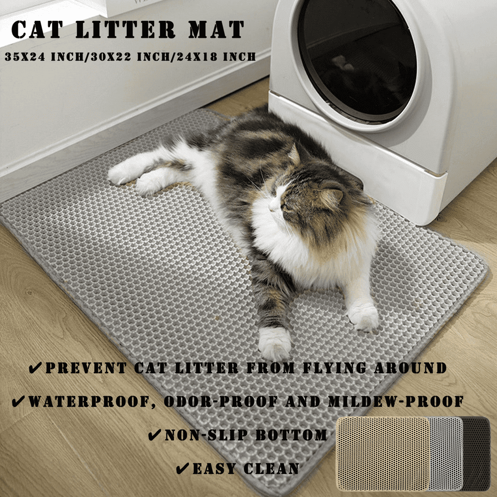 SUGARMOM Cat Litter Mat  45”x26” Extra Large&Long Double Layer Cat Litter Box Mat  EVA Non-Slip  Waterproof Urine Proof Cat Litter Catcher Mat  Easy Clean Scatter Control (45”x26”  Khaki)