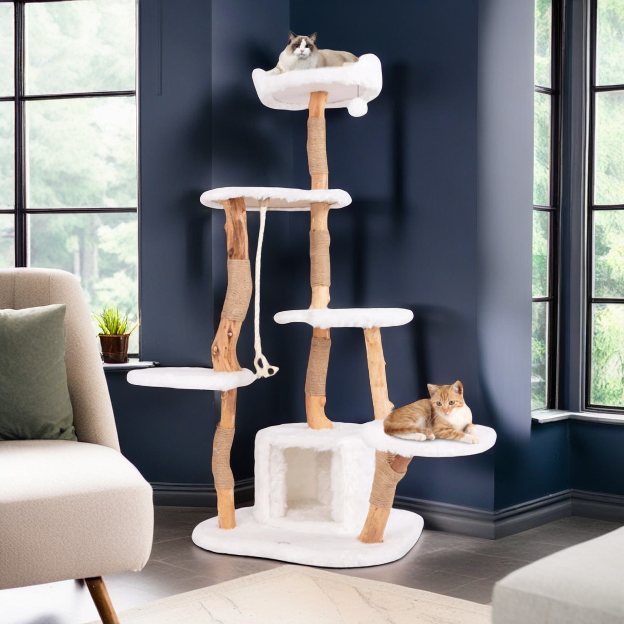resenkos 66" Modern Cat Tree Tower for Indoor Cats with Perch, Cat Condo, Solid Wood Cat Tree House with Scratching Posts for Large Cats, White