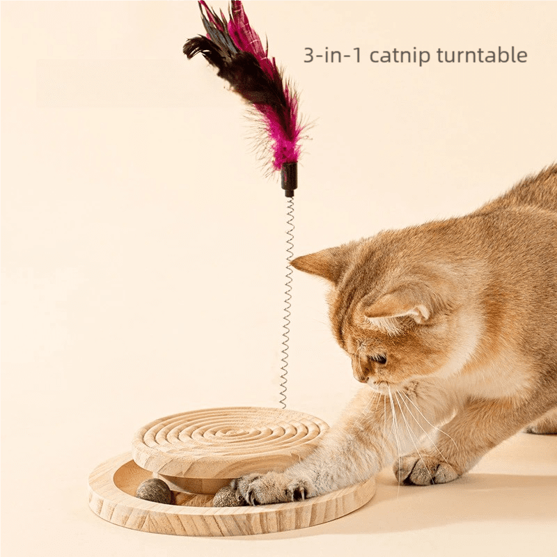 3-in-1 Natural Wood Cat Toy: Interactive Spinning Disk + Detachable Feather Wand + Catnip Balls – Safe, Paw-Friendly Indoor Cat Enrichment