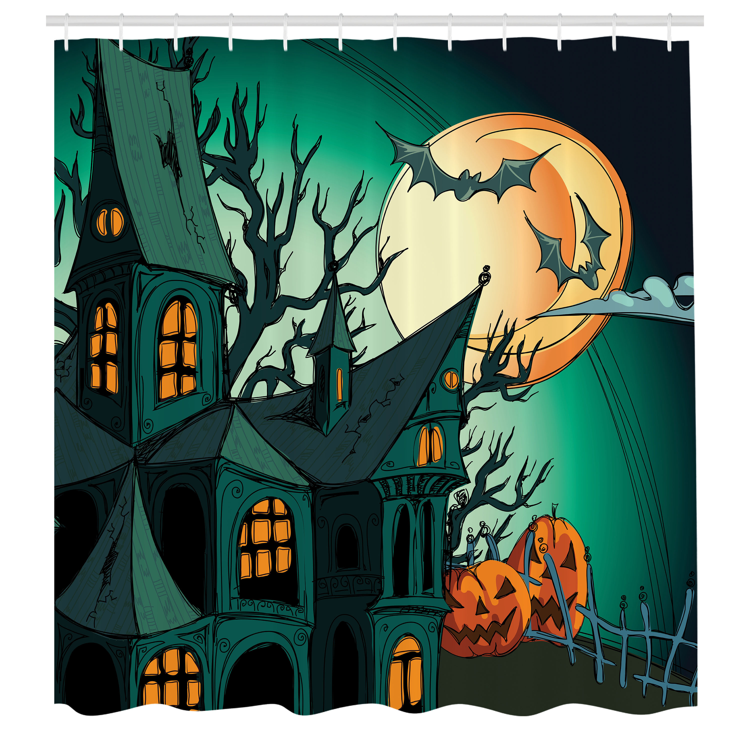 Ambesonne Teal Shower Curtain, Halloween Haunted Castle, 69"Wx75"L, Orange Teal - image 3 of 5